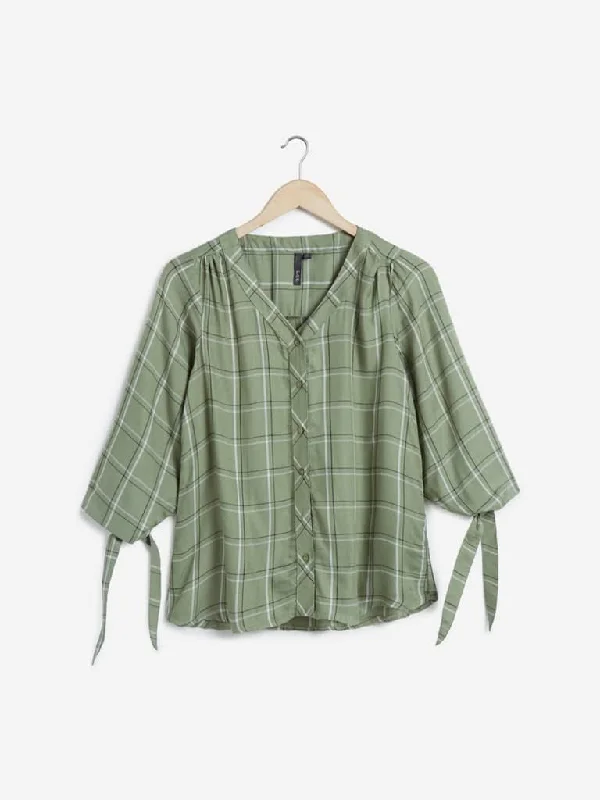LOV Sage Checkered Petricia Blouse Satin Drape Blouse
