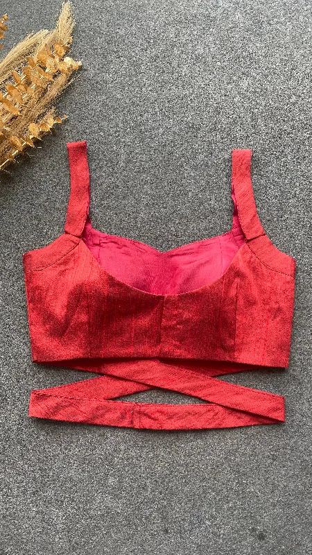 Maroon red silk waist band patterned blouse Chic Wrap Blouse