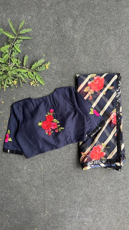Midnight blue floral organza saree with embroidery blouse Relaxed Fit Blouse