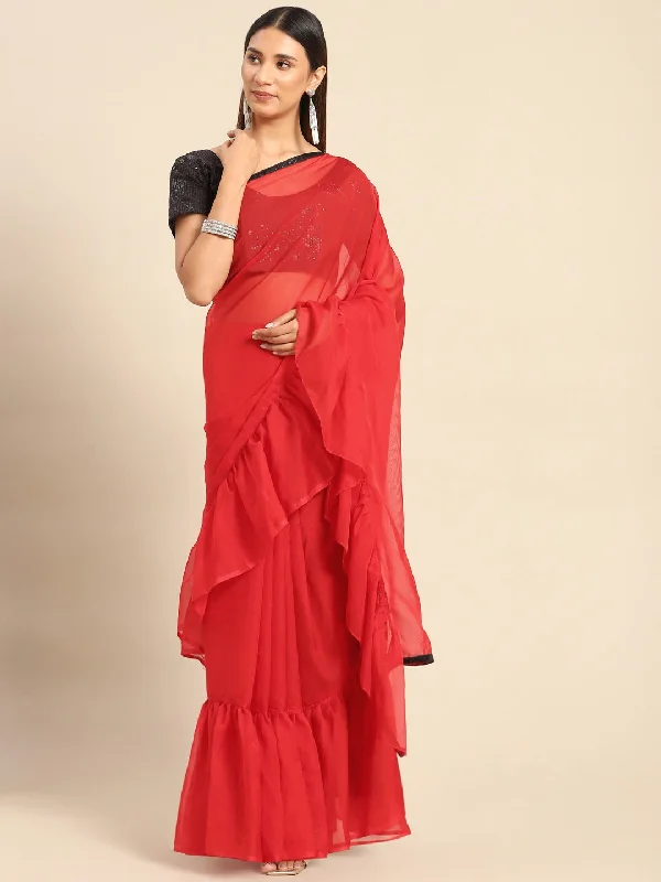 Women Party Wear Ruffle Pattern Plain Organza Saree with Un Stitched Blouse Office Formal Blouse