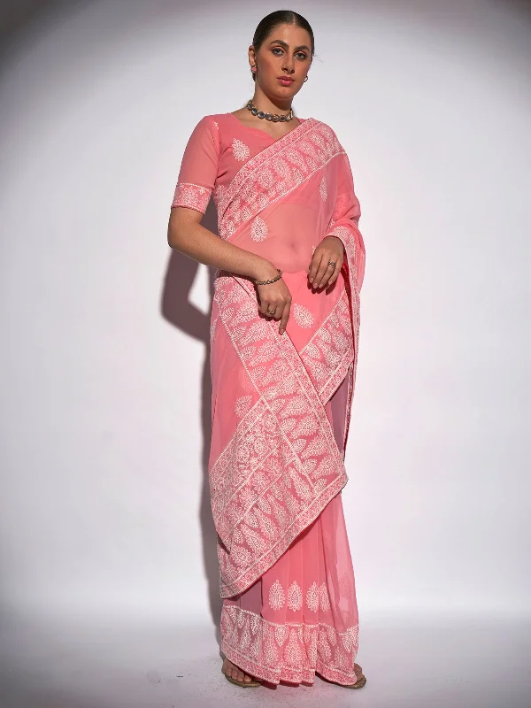 Women Party Wear Embroidery Worked Saree with Un Stitched Blouse Mandarin Collar Blouse
