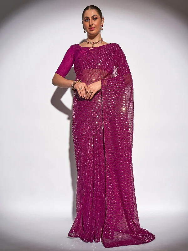 Women Party Wear Sequence Worked Saree with Un Stitched Blouse Elegant Semi-Sheer Blouse