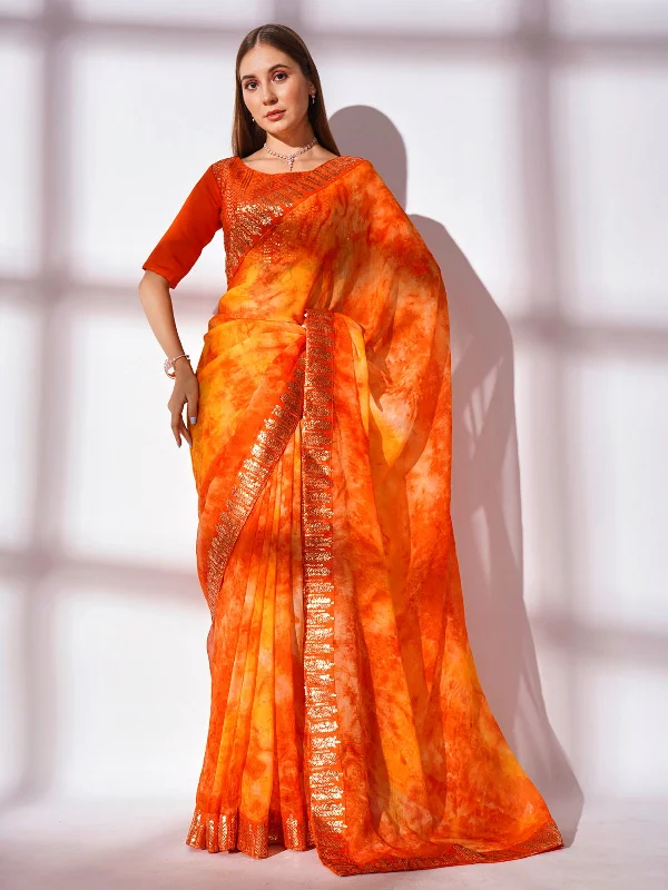 Women Party Wear Digital Printed Saree with Heavy Lace Border and Un Stitched Blouse Stretchy Fitted Blouse