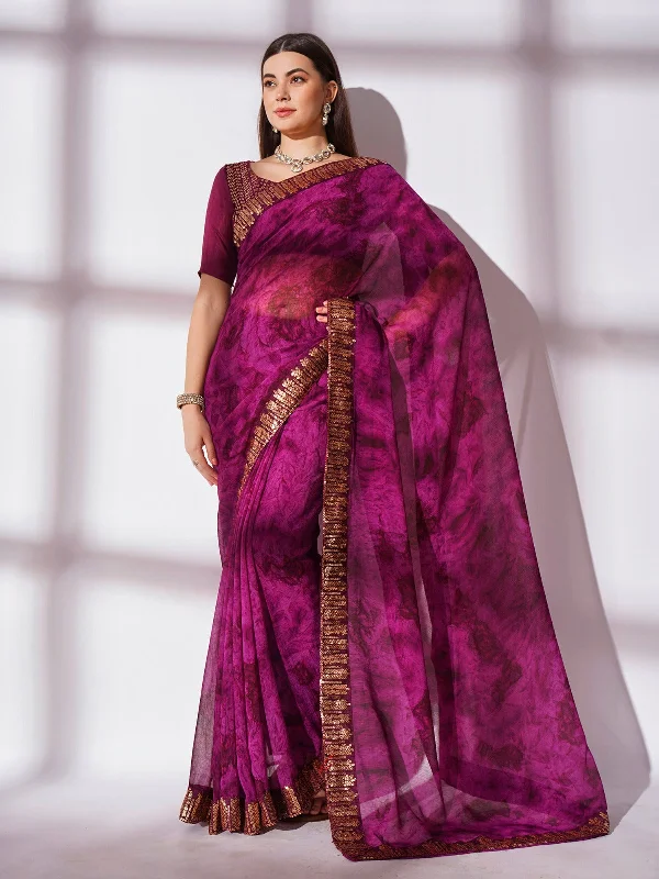 Women Party Wear Digital Printed Saree with Heavy Lace Border and Un Stitched Blouse Sleeveless Chiffon Blouse