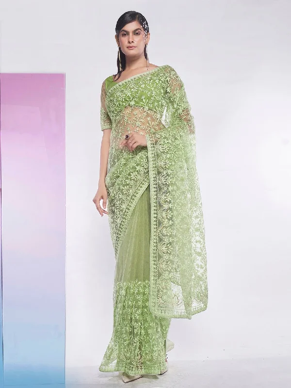 Women Party Wear Embroidery Worked Net Saree With Un Stitched Blouse Elegant Peplum Blouse