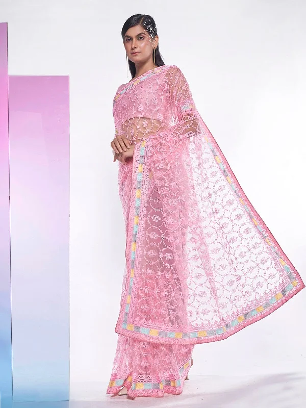 Women Party Wear Embroidery Worked Net Saree With Un Stitched Blouse Ruched Sleeve Blouse