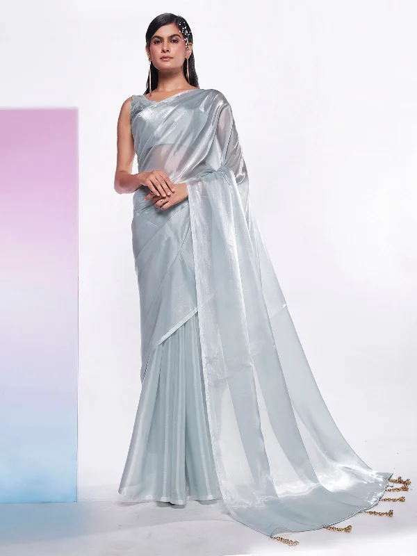 Women Party Wear Premium Organza Silk Saree With Un Stitched Blouse Asymmetric Hem Blouse