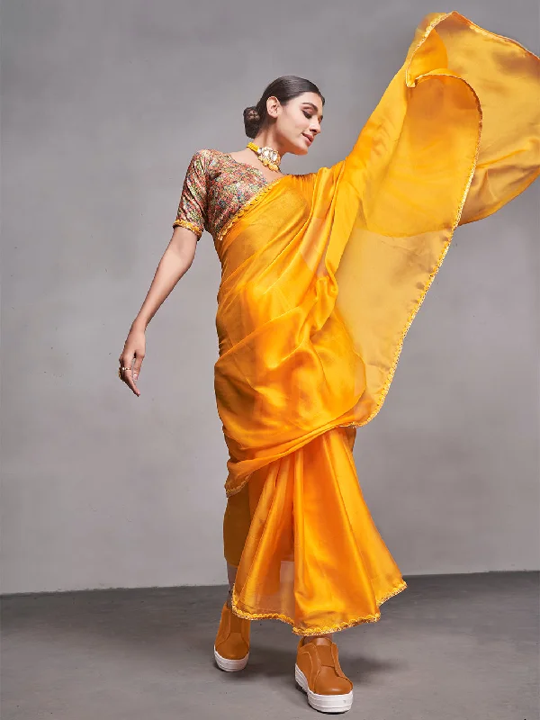 Women Party Wear Plain Saree with Designer Un Stitched Blouse Collared Satin Blouse