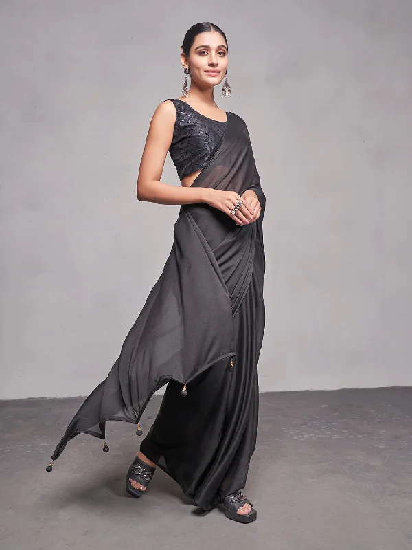Women Party Wear Plain Saree with Designer Un Stitched Blouse Sheer Sleeve Blouse