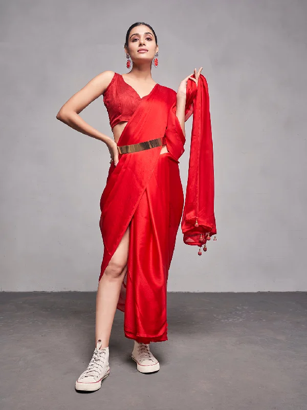 Women Party Wear Plain Saree with Designer Un Stitched Blouse Double Button Blouse