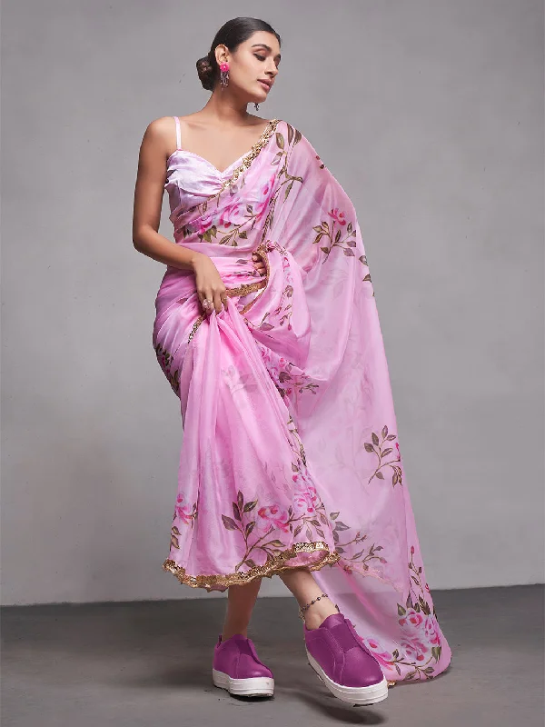 Women Party Wear Flower Printed Saree with Designer Un Stitched Blouse Balloon Sleeve Blouse