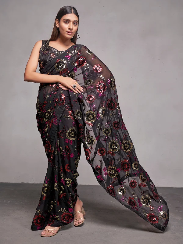 Women Party Wear Sequence Worked Saree with Designer Un Stitched Blouse Semi-Sheer Blouse