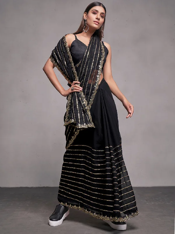 Women Party Wear Mirror Worked Saree with Designer Un Stitched Blouse Classic Striped Blouse