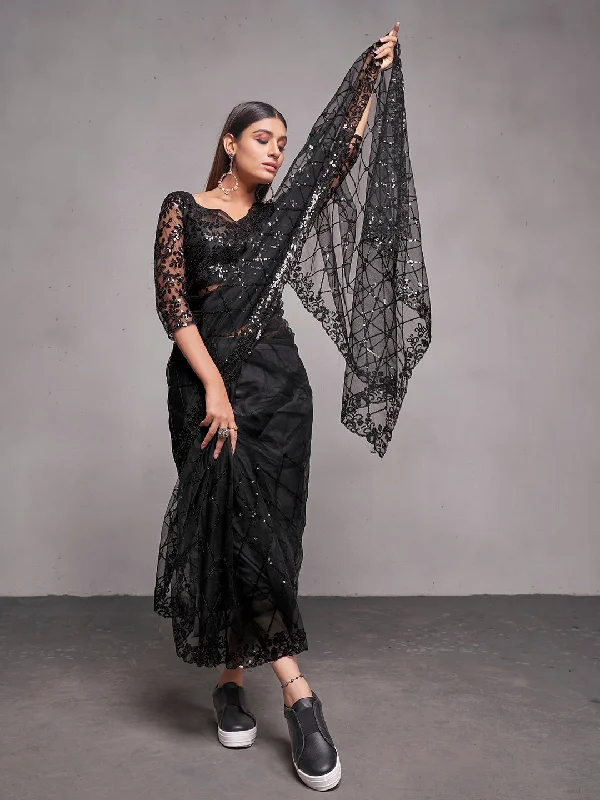 Women Party Wear Sequence Worked Saree with Designer Un Stitched Blouse Peter Pan Blouse