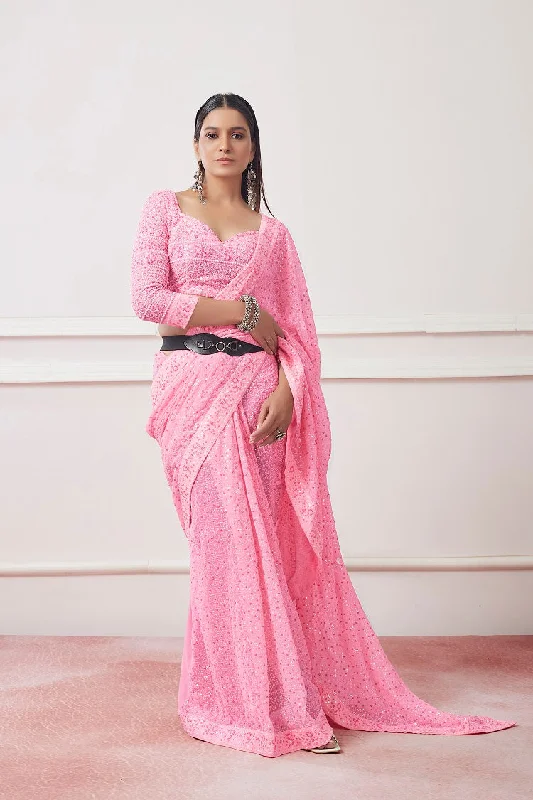 Women Party Wear Sequence Worked Saree with Designer Un Stitched Blouse Puff Sleeve Blouse
