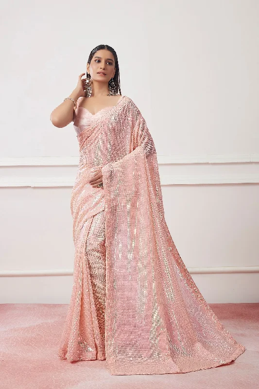Women Party Wear Sequence Worked Saree with Designer Un Stitched Blouse Lightweight Chiffon Blouse