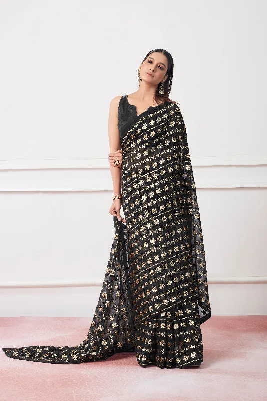 Women Party Wear Sequence Worked Saree with Designer Un Stitched Blouse Casual Button Blouse