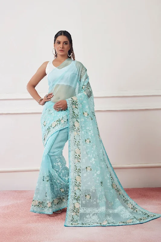 Women Party Wear Embroidery Worked Saree with Designer Un Stitched Blouse Chic Wrap Blouse