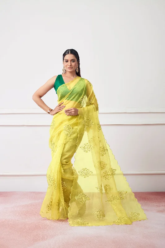 Women Party Wear Organza Saree with Designer Un Stitched Blouse Soft Pastel Blouse