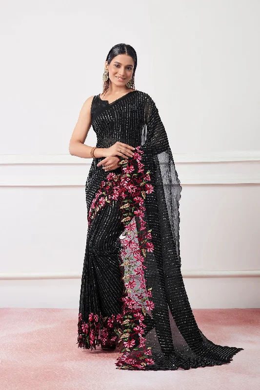 Women Party Wear Sequence Worked Saree with Designer Un Stitched Blouse Stretchy Fitted Blouse