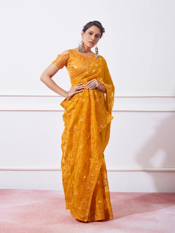 Women Party Wear Embroidery Worked Saree with Designer Un Stitched Blouse Sleeveless Chiffon Blouse