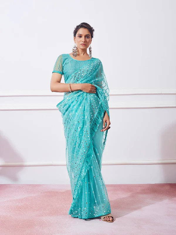 Women Party Wear Mirror Worked Saree with Designer Un Stitched Blouse Casual Stripe Blouse