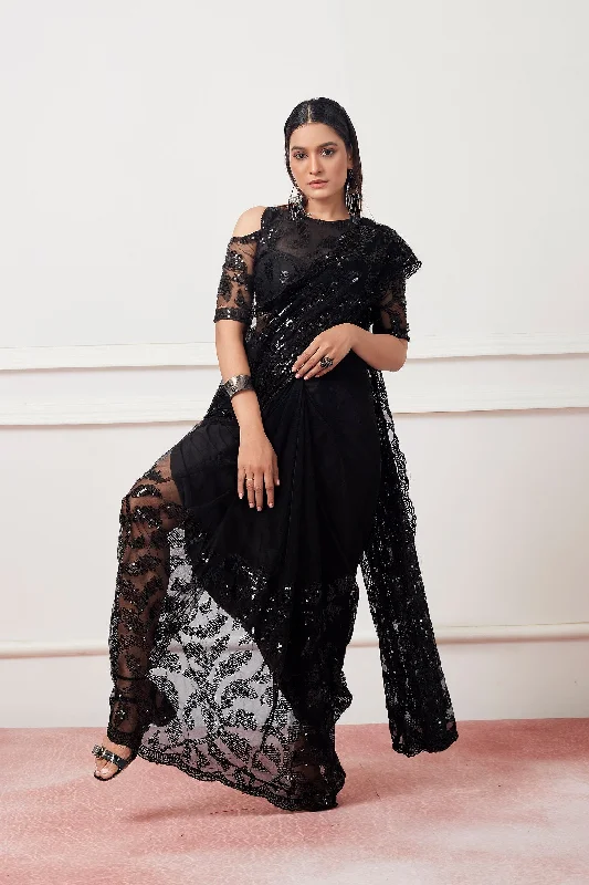 Women Party Wear Sequence Worked Saree with Designer Un Stitched Blouse Feminine Ruffle Blouse