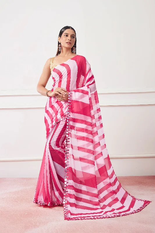 Women Party Wear Leheriya Print Saree with Designer Un Stitched Blouse Chic Sleeveless Blouse