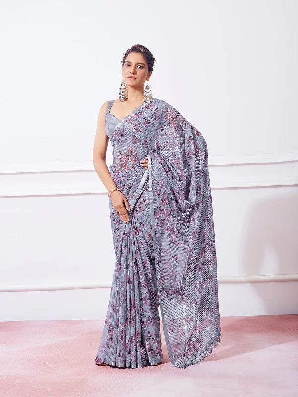 Women Party Wear Sequence Worked Saree with Designer Un Stitched Blouse Sheer Sleeve Blouse