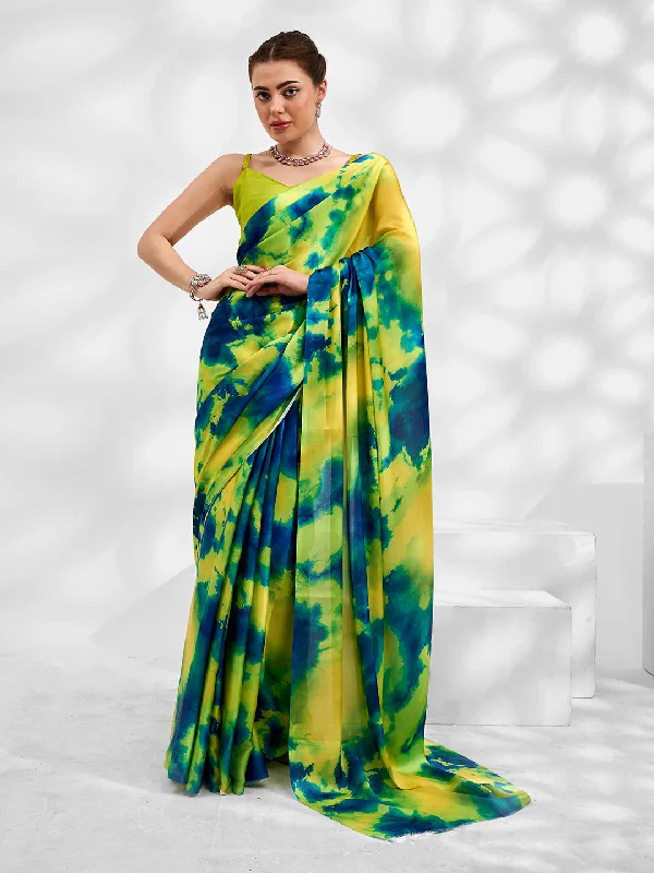 Women Party Wear Printed Satin Georgette Saree With Un Stitched Blouse Casual Relaxed Blouse