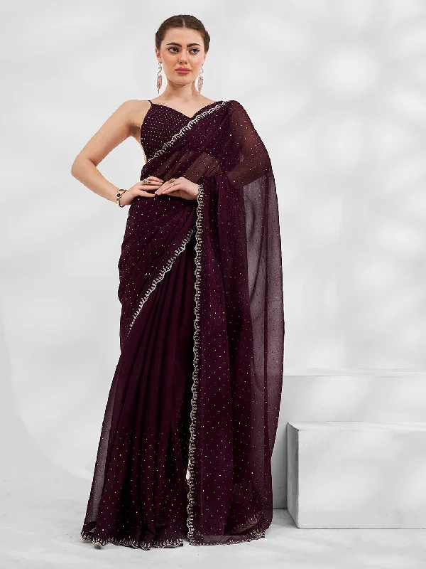 Women Party Wear Stone Worked Shimmer Chiffon Saree With Un Stitched Blouse Backless Summer Blouse