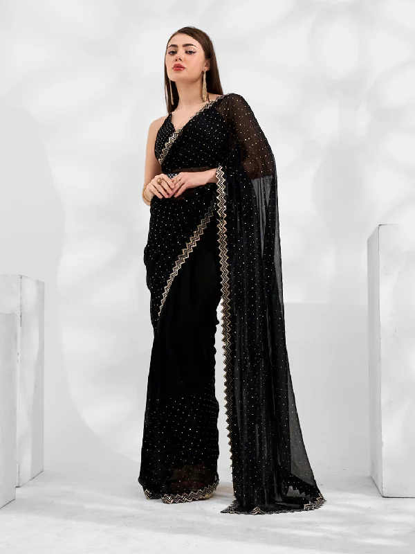 Women Party Wear Stone Worked Shimmer Chiffon Saree With Un Stitched Blouse Embellished Collar Blouse