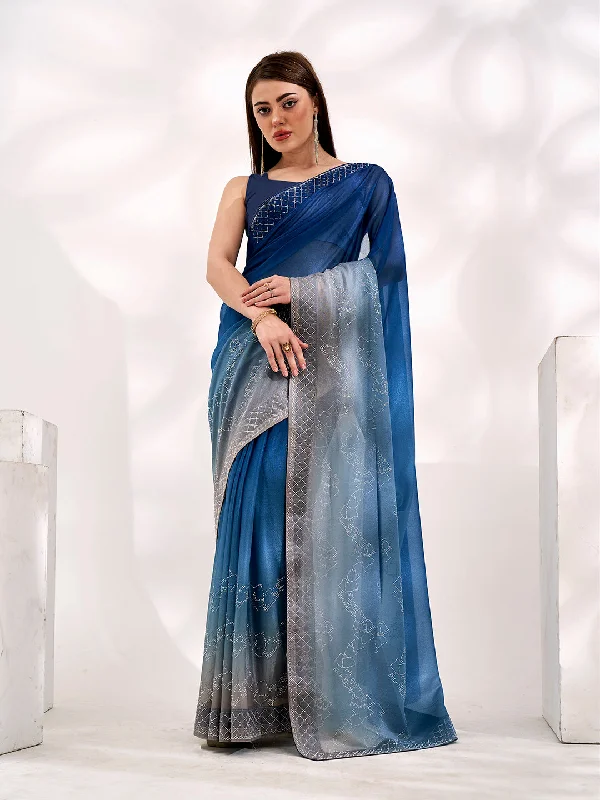 Women Party Wear Stone Worked Lycra Saree With Un Stitched Blouse Lightweight Linen Blouse