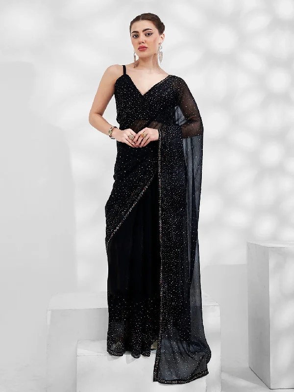 Women Party Wear Stone Worked Shimmer Chiffon Saree With Un Stitched Blouse Feminine Puff Blouse