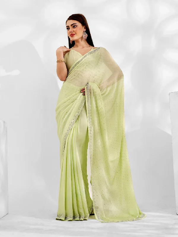 Women Party Wear Stone Worked Satin Chiffon Saree With Un Stitched Blouse High Neck Blouse
