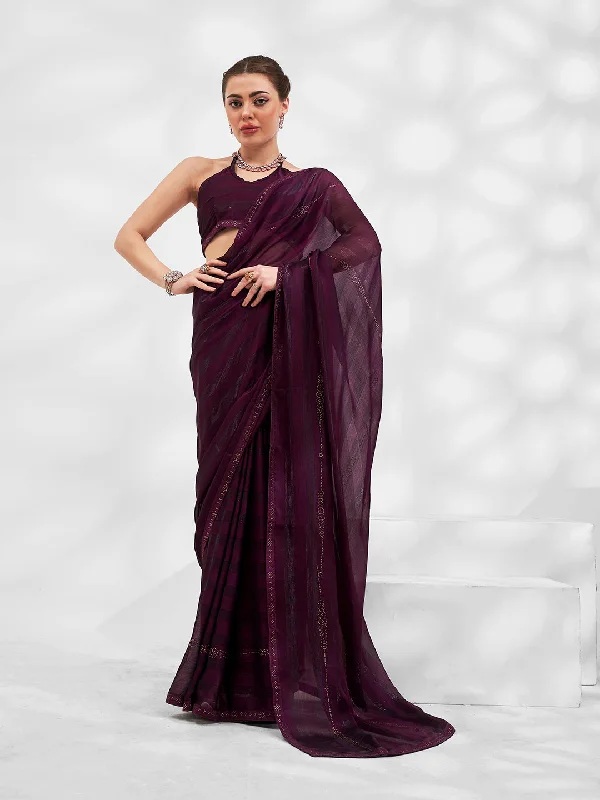 Women Party Wear Stone Worked Chiffon Saree With Un Stitched Blouse Elegant Office Blouse