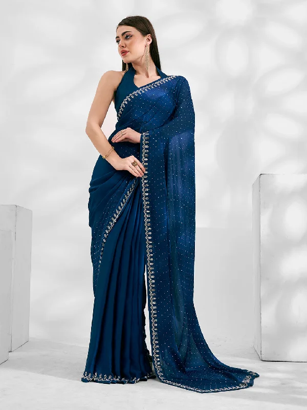 Women Party Wear Stone Worked Satin Chiffon Saree With Un Stitched Blouse Elegant Lace Blouse