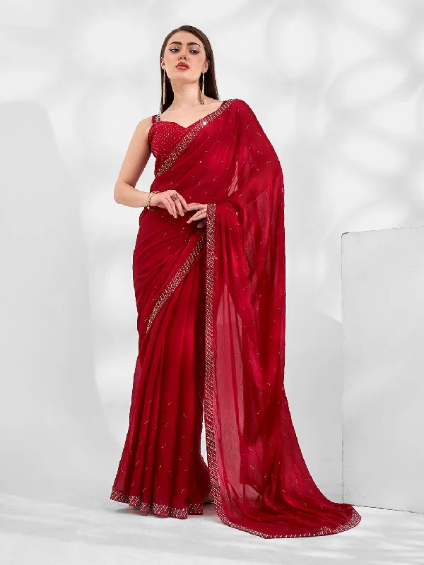 Women Party Wear Stone Worked Satin Chiffon Saree With Un Stitched Blouse Wrap Front Blouse