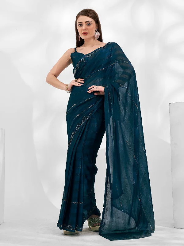 Women Party Wear Stone Worked Chiffon Saree With Un Stitched Blouse Bell Sleeve Blouse