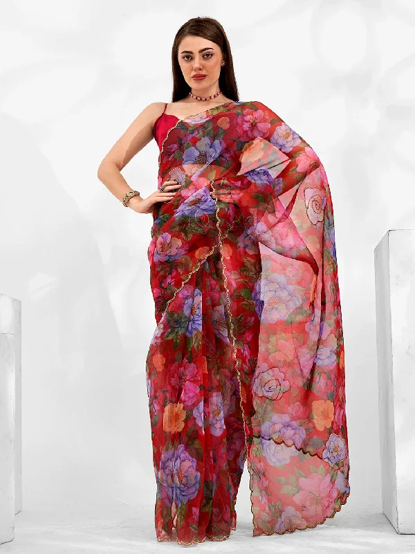 Women Party Wear Printed Organza Silk Saree With Un Stitched Blouse Slim Fit Blouse
