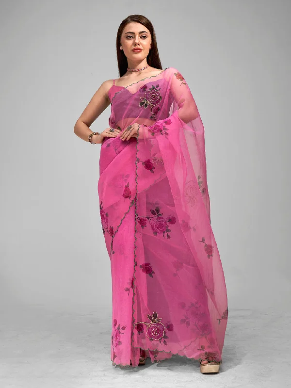 Women Party Wear Printed Organza Silk Saree With Un Stitched Blouse Sheer Mesh Blouse