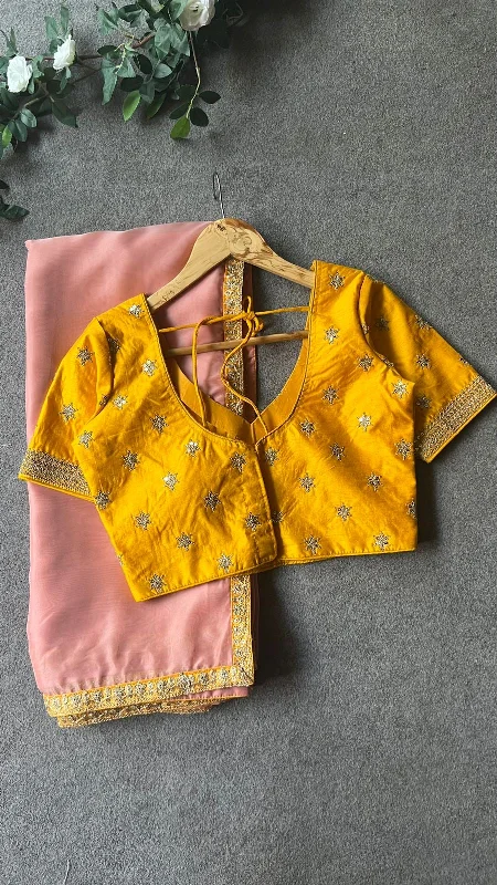 Peach organza saree with yellow embroidery blouse Chic Ruffle Blouse