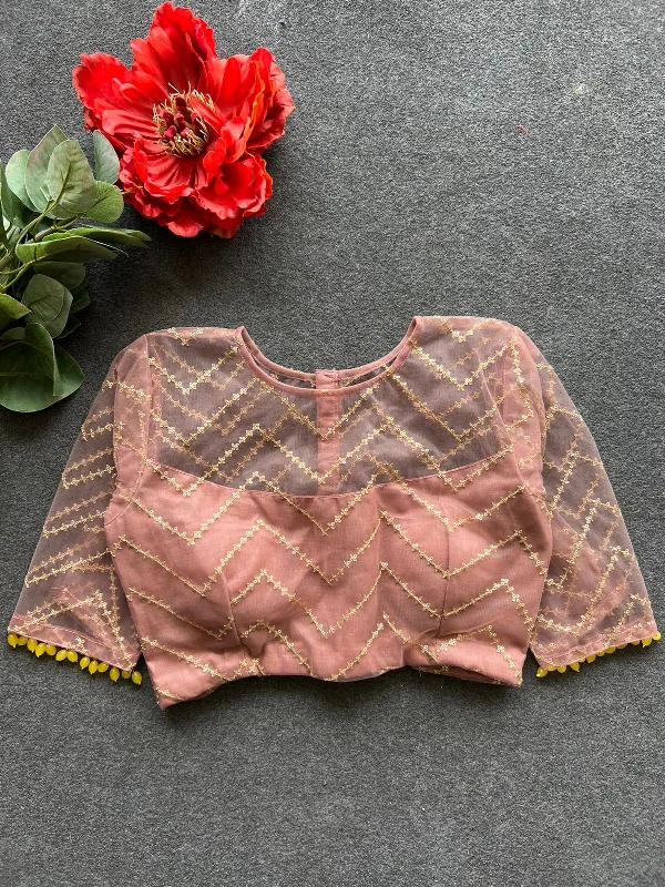 Peach sequins embroidery netted blouse Semi-Sheer Blouse