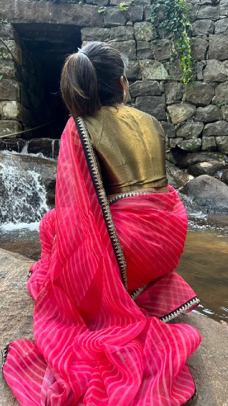 Pink stripped organza saree with black & gold blouse Oversized Silk Blouse