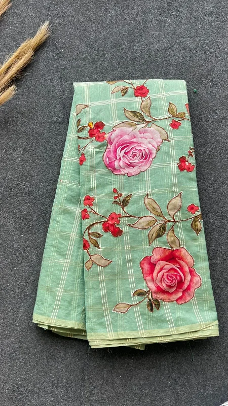 Pista green chanderi floral saree with red blouse Sweetheart Neck Blouse