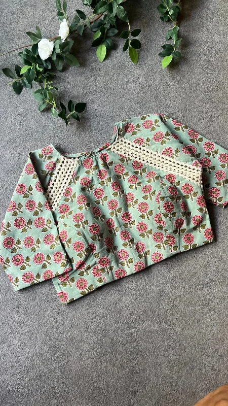 Pista green cotton hand printed blouse Modern Work Blouse