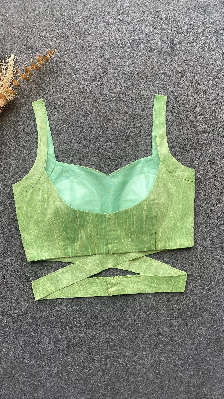 Pista green silk waist band patterned blouse Chic Ruffle Blouse
