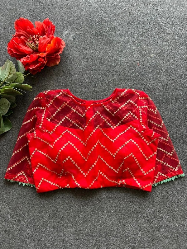 Red sequins embroidery netted blouse Delicate Bow Blouse