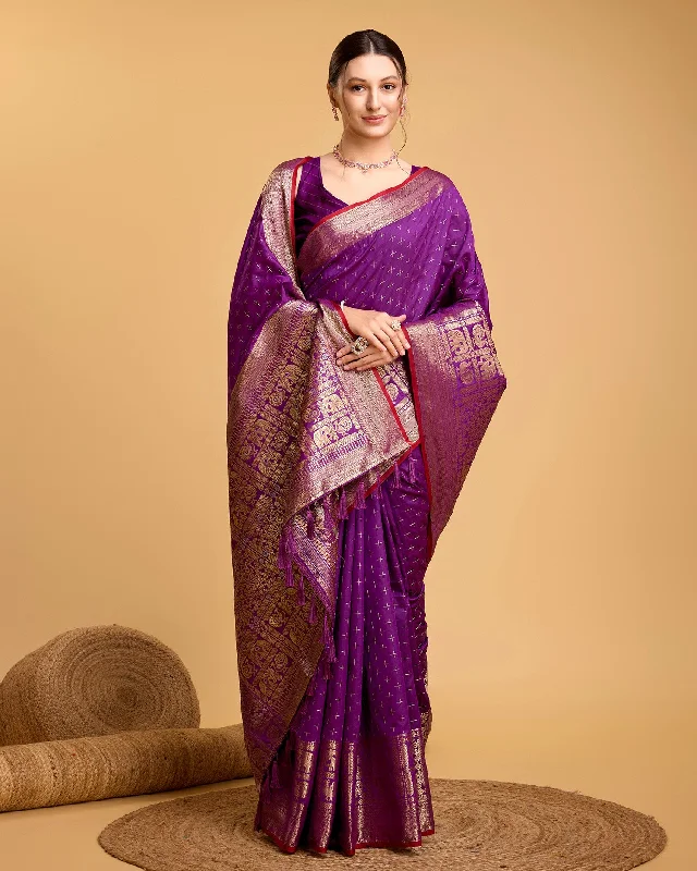 Women Party Wear Premium Banarasi Silk Saree With Un Stitched Blouse Ruched Sleeve Blouse