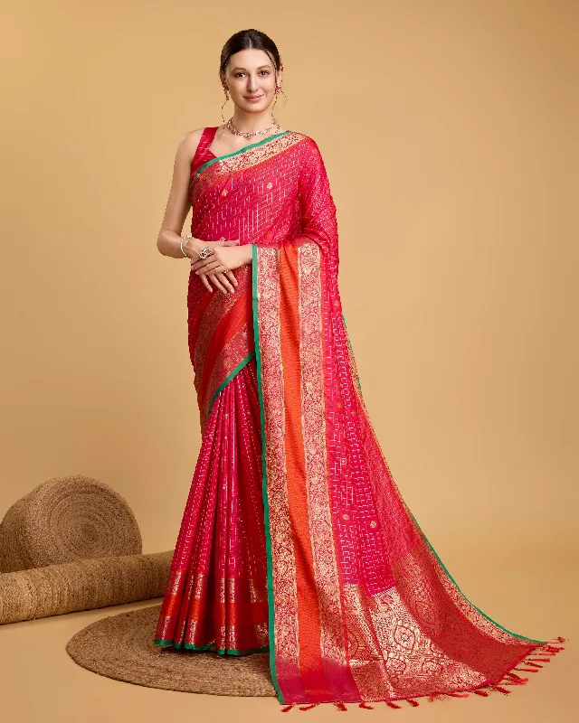 Women Party Wear Premium Banarasi Silk Saree With Un Stitched Blouse Asymmetric Hem Blouse